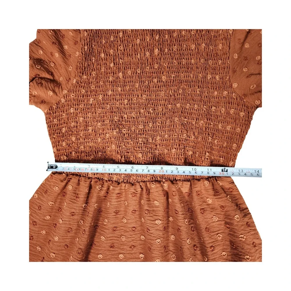 Shein Rust Brown Swiss Dot‎ Smocked Midi Dress Boho Tiered Short Puff Sleeve M 6 - Picture 7 of 11